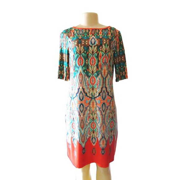 Eliza J Orange and Green Paisley Stretchy Shealth Dress in Size 6 - Picture 1 of 7